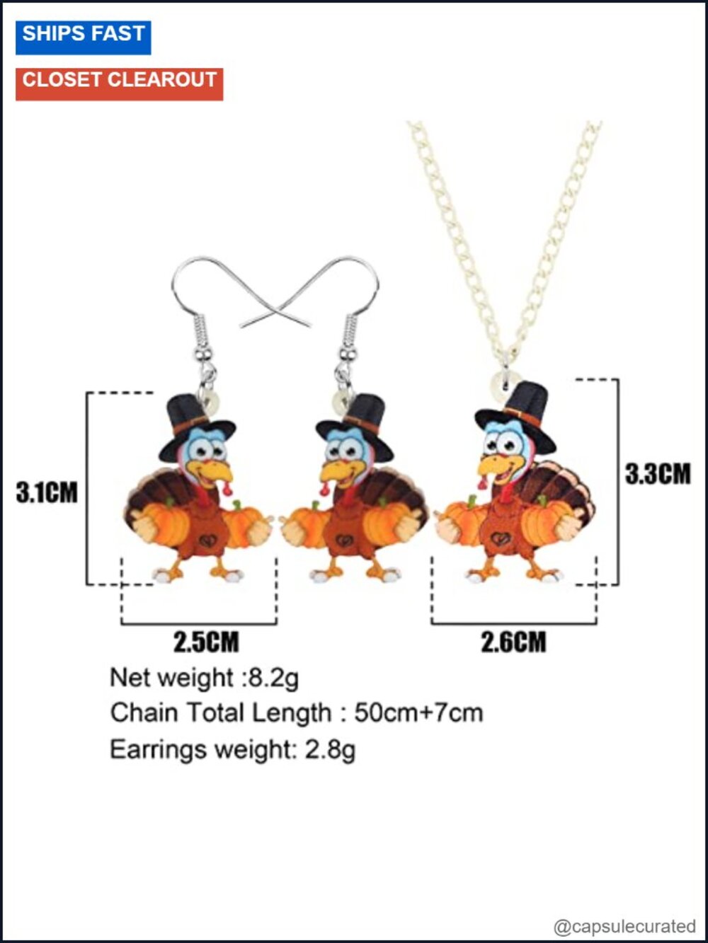 Acrylic Turkey Pendant Necklace and Dangle Earrings Jewelry Set - Picture 4 of 5